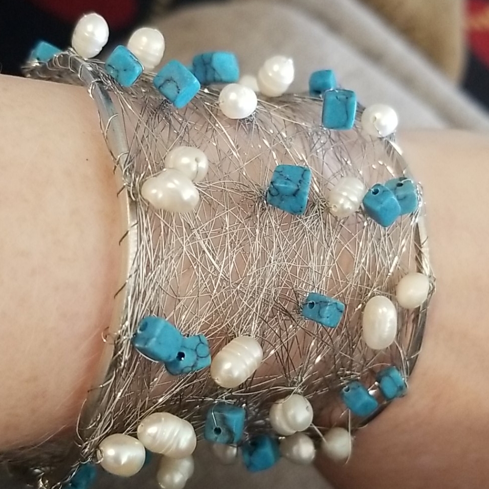 Nina Nguyen Wire Cuff Genuine Turquoise & Pearl. - Picture 6 of 10